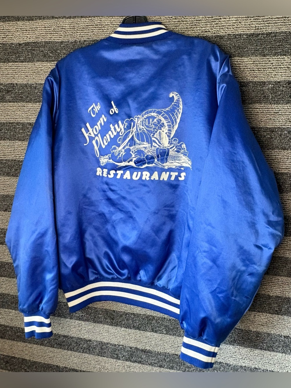 Vintage 80’s Swingster The Horn of Plenty Restaurants Blue Satin Bomber Jacket L